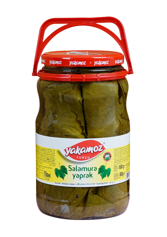 S101 Yakamoz Grape Leaves 1600G jar, preserved in glass, used for cooking and stuffing in Mediterranean cuisine.
