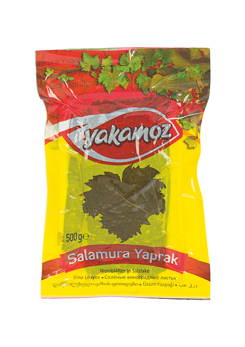 S101 Yakamoz Grape Leaves 500g in a clear jar, showing fresh, rolled grape leaves used for Mediterranean dishes.