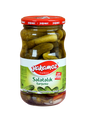 Glass jar of Yakamoz cucumber pickles from S101, filled with crunchy, sliced cucumber pickles in brine.