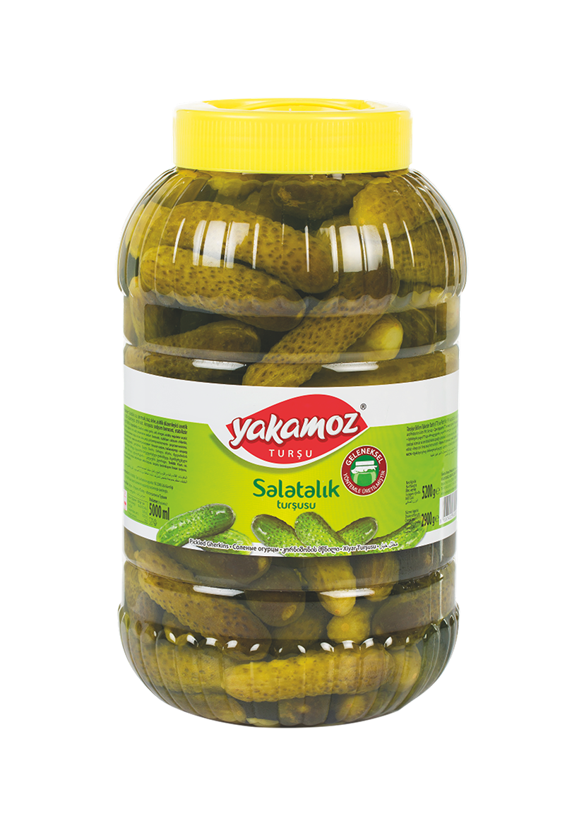 S101 Yakamoz cucumber pickle in a glass jar, 5200g, with fresh sliced cucumbers visible inside the jar.