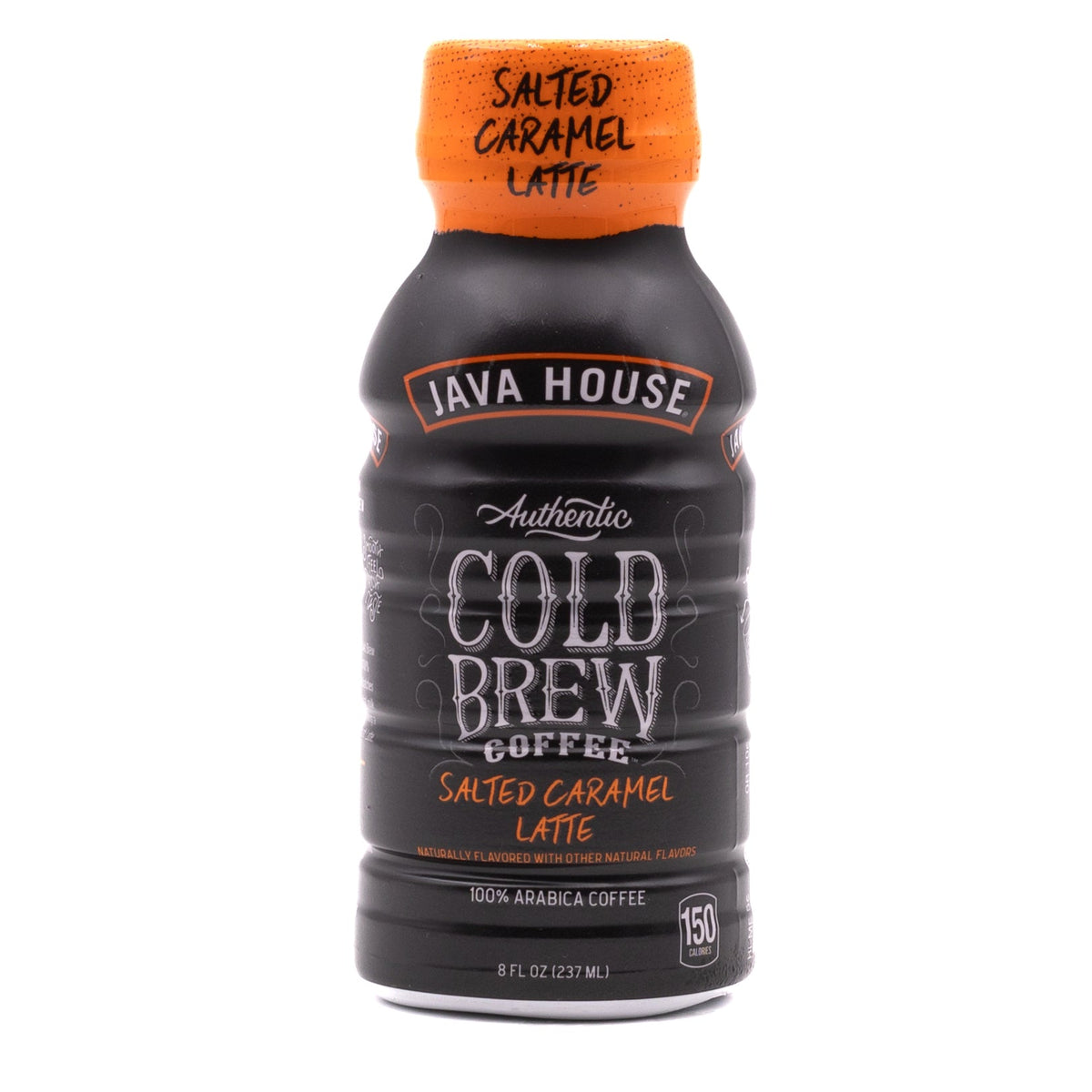 Java House Cold Brew 8oz bottle with salted caramel flavor, featuring sleek black packaging and a clear label.