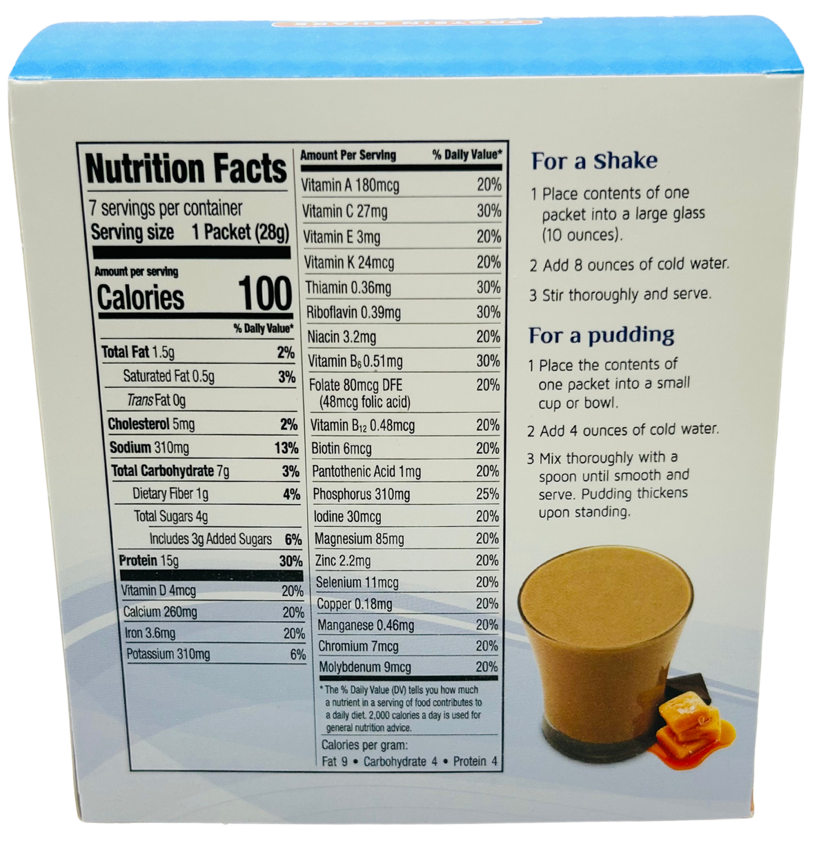AmBari Nutrition salted caramel shake in a glass with caramel drizzle and whipped cream, showcasing a rich, creamy chocolate salted caramel flavor.