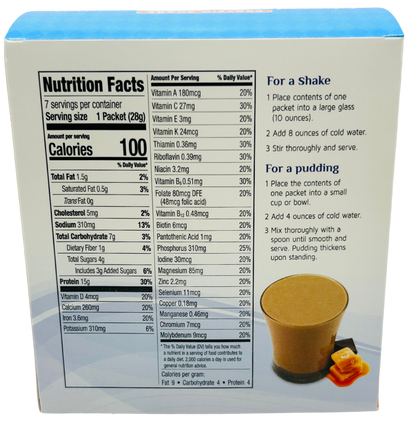 AmBari Nutrition salted caramel shake in a glass with caramel drizzle and whipped cream, showcasing a rich, creamy chocolate salted caramel flavor.