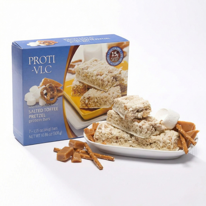 AmBari Nutrition Salted Toffee Pretzel Bar, a protein bar with salted toffee and pretzel pieces, displayed on a neutral background.