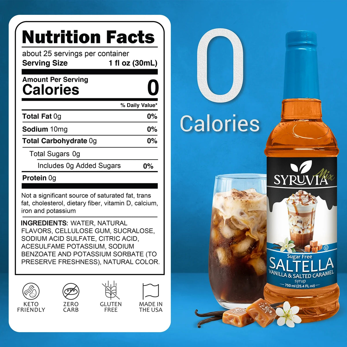 Saltella Sugar-Free Vanilla Salted Caramel Syrup by Syruvia, showing a glass bottle with a caramel-colored liquid and label.