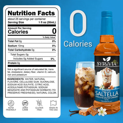 Saltella Sugar-Free Vanilla Salted Caramel Syrup by Syruvia, showing a glass bottle with a caramel-colored liquid and label.