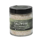 Saltverk birch smoked salt crystals in a glass jar, showcasing the artisanal salt with a smoky flavor and natural wood infusion.