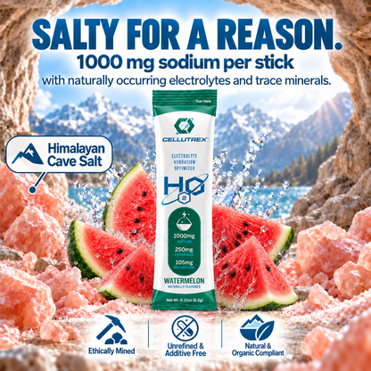 Cellutrex H2O ELECTROLYTES Watermelon zero sugar electrolyte powder in a resealable pouch, with watermelon flavor and vibrant branding.