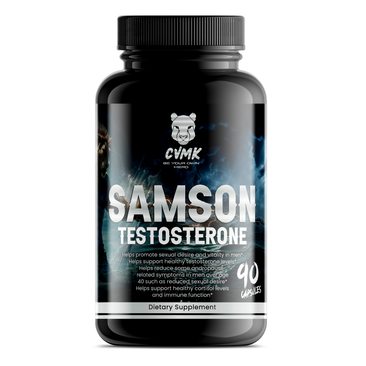 Vitamins bottle labeled SAMSON by CVMK GLOBAL, featuring colorful capsule tablets and supplement details on the label.
