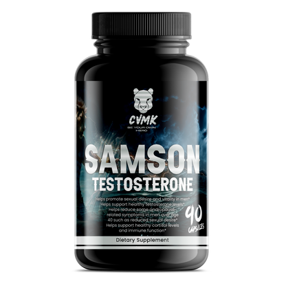 Vitamins bottle labeled SAMSON by CVMK GLOBAL, featuring colorful capsule tablets and supplement details on the label.