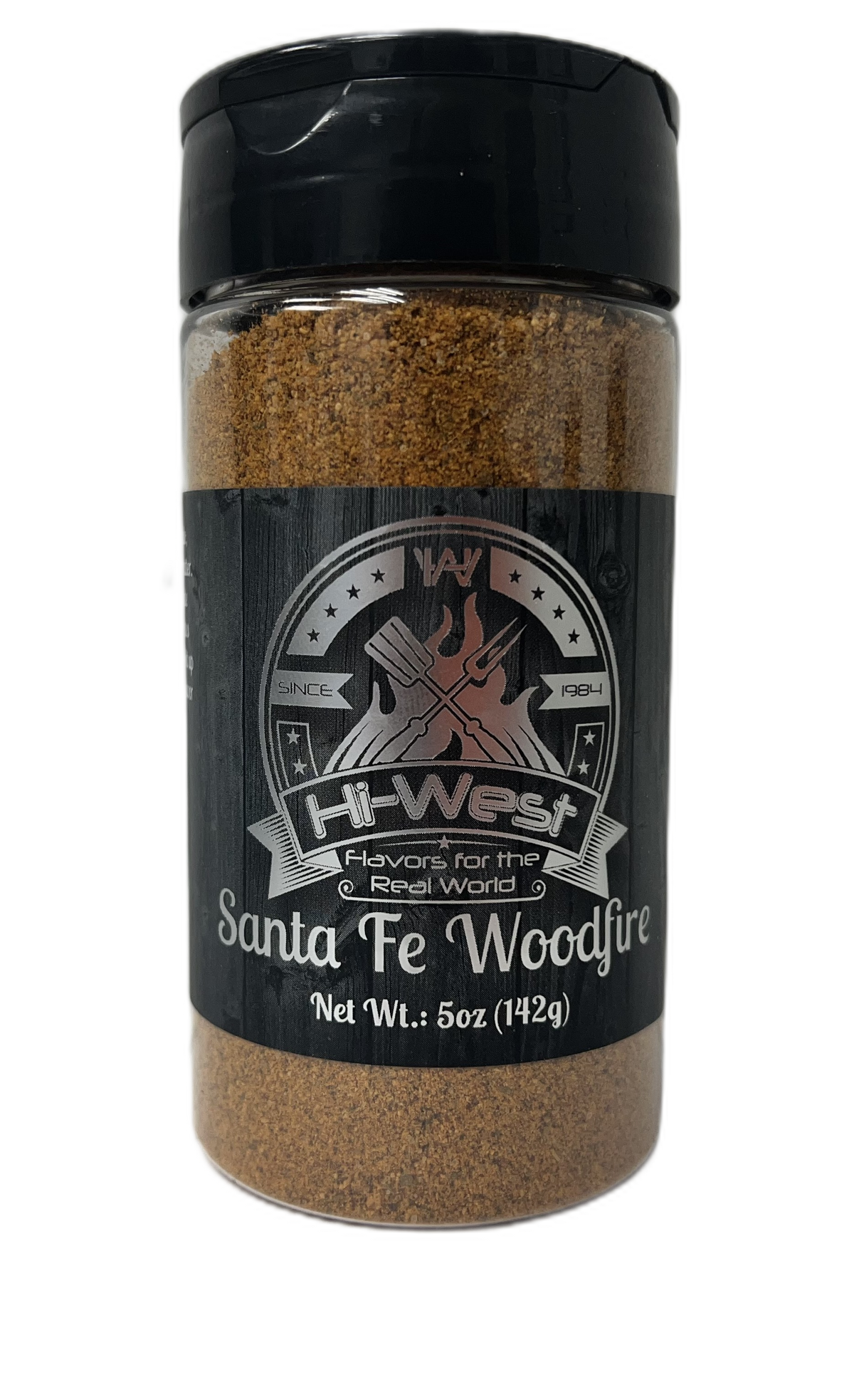Hi-West Santa Fe Woodfire Seasoning jar featuring a label with colorful Santa Fe-inspired design and spice blend details.