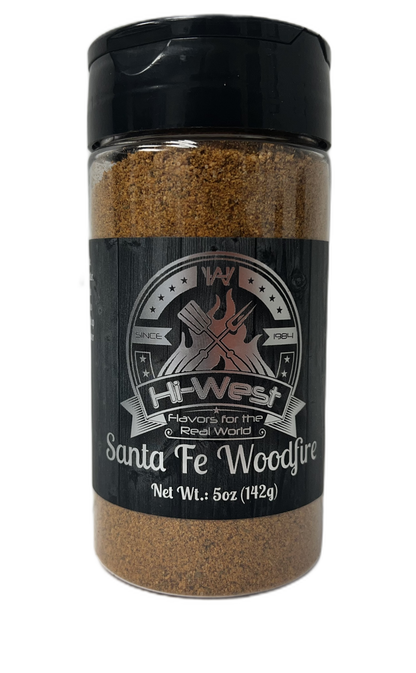 Hi-West Santa Fe Woodfire Seasoning jar featuring a label with colorful Santa Fe-inspired design and spice blend details.