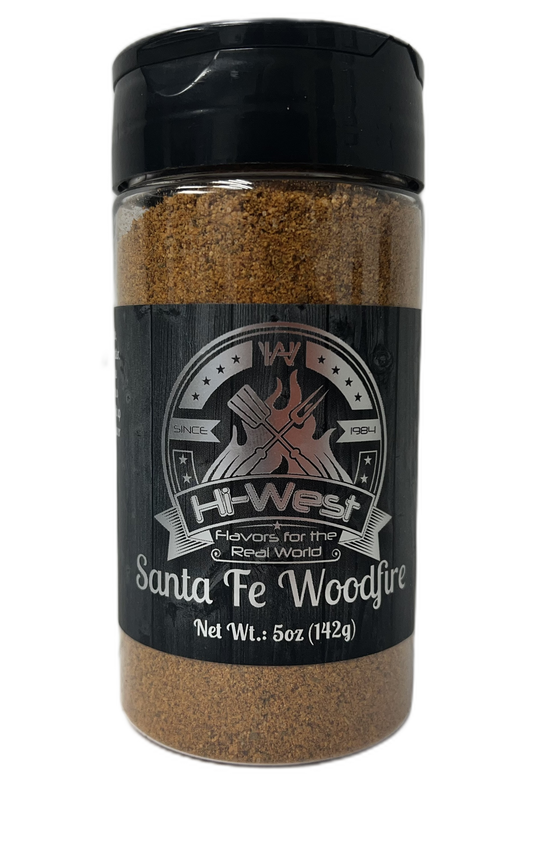Hi-West Santa Fe Woodfire Seasoning jar featuring a label with colorful Santa Fe-inspired design and spice blend details.