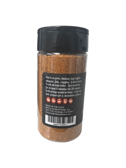 Hi-West Santa Fe woodfire seasoning jar with label, highlighting blend of spices for grilling and flavorful cooking.