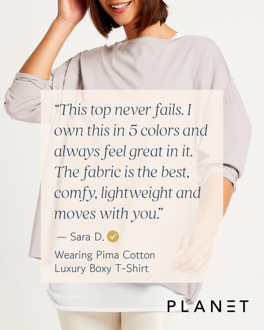 Light blue Pima cotton boxy T-shirt by PLANET by Lauren G, showcasing a relaxed fit and smooth fabric texture.