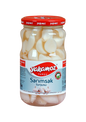 Glass jar of S101 Yakamoz pickled garlic, showing whole garlic cloves in brine, labeled as pickles in a clear glass jar.