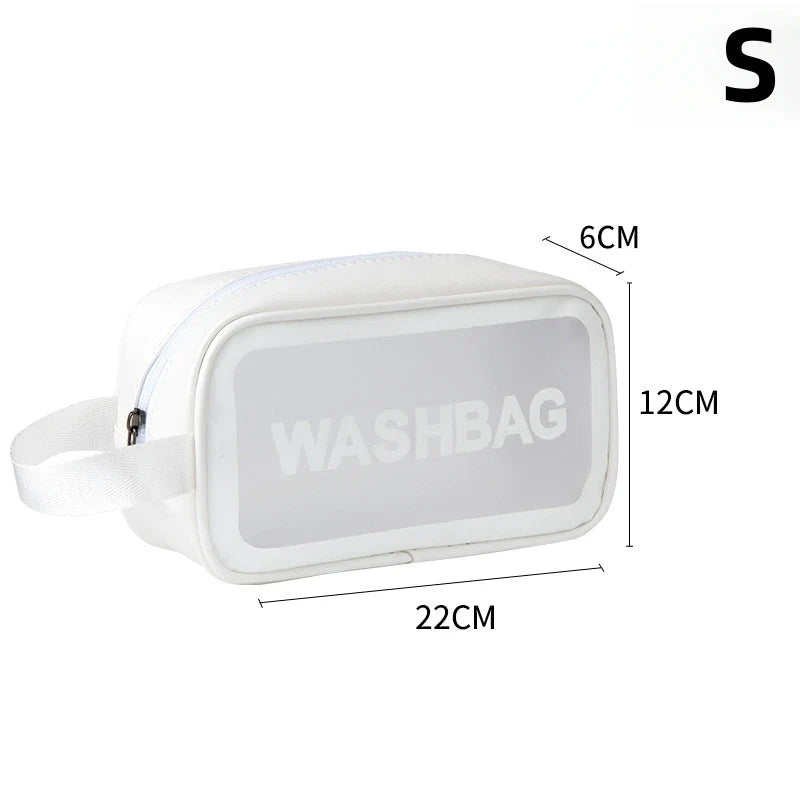 Transparent waterproof travel wash bag by Blushimmer with large capacity for cosmetics and makeup storage for women.