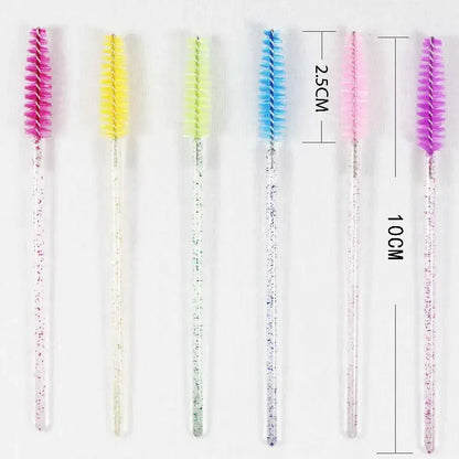 Set of 50 disposable crystal handle mascara wands and eyebrow brushes by Blushimmer with diamond accents for eyelash extensions and makeup.