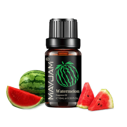 Blushimmer MAYJAM Fruit Essential Oil 10ml bottle with cherry, banana, papaya, grape, litchi, guava, kiwifruit, pear, and fig fragrances.
