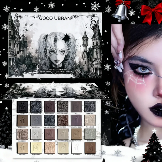 Dark Elf Eyeshadow Palette by Blushimmer featuring 24 high-pigment shimmer and glitter shades for gothic vampire makeup looks.
