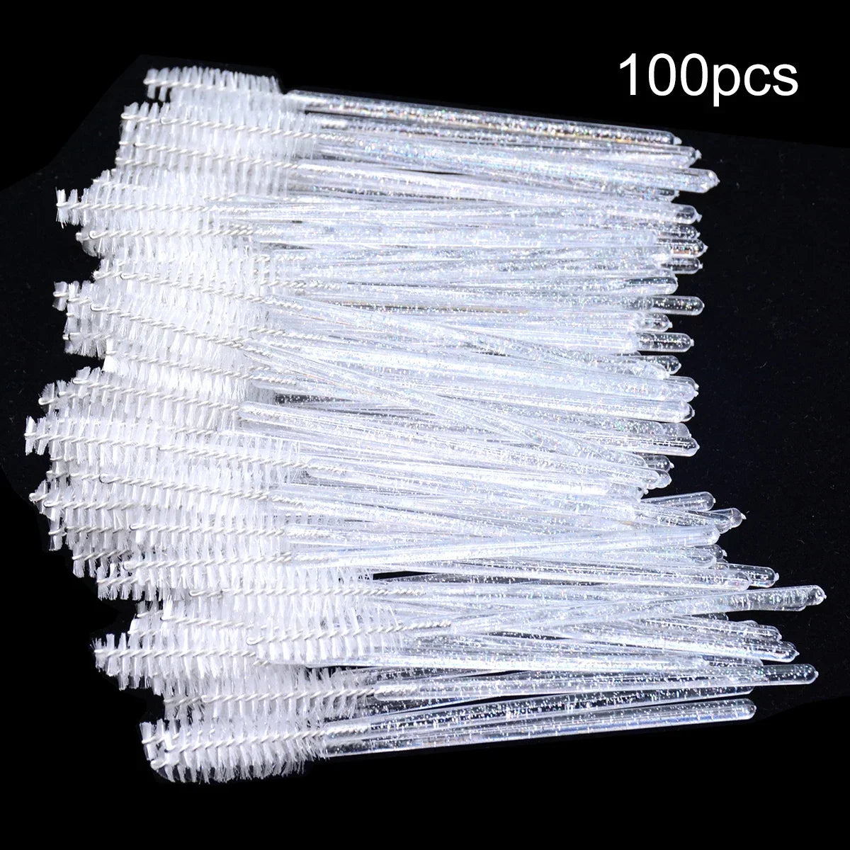 Set of 100 disposable eyelash extension brushes and spoolies from Blushimmer, micro lash mascara wands and combs for makeup application.