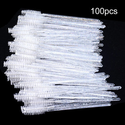 Set of 100 disposable eyelash extension brushes and spoolies from Blushimmer, micro lash mascara wands and combs for makeup application.