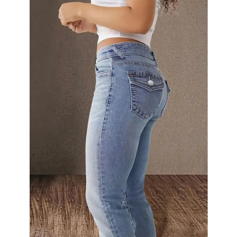 Womens Jeans Y2k Jeans Blue Denim Pants Straight Leg Stretch Fabric Slim Fit High Waist Retro Style Casual Wear