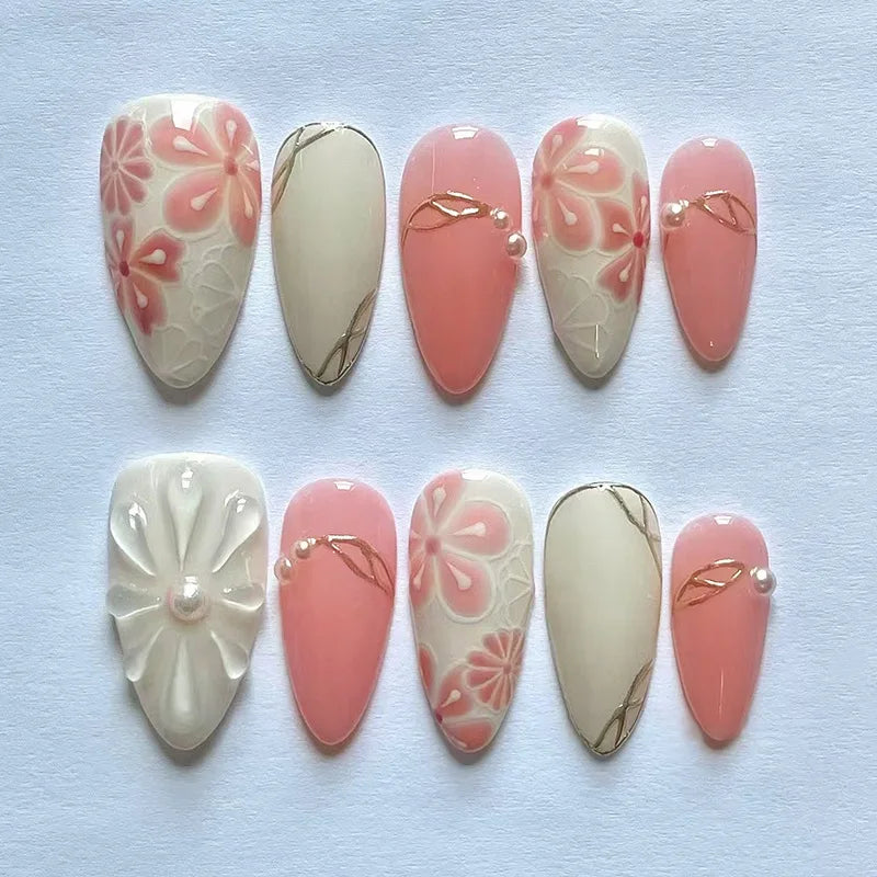 Wine red almond press-on nails with cartoon rabbit, bowknot, plaid, pearl accents, and French style, by Blushimmer.