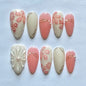 Wine red almond press-on nails with cartoon rabbit, bowknot, plaid, pearl accents, and French style, by Blushimmer.