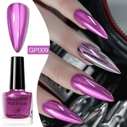 Blushimmer 8ml metallic nail polish bottle with mirror finish, air dry, long-lasting, soak-off varnish for DIY manicures.