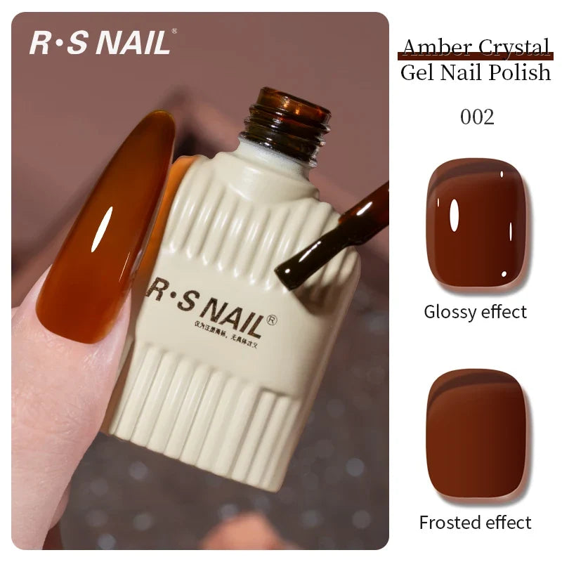 Blushimmer RSNAIL 10g jelly amber gel nail polish in crystal brown, showcasing translucent, glossy finish for nail art and UV gel nails.