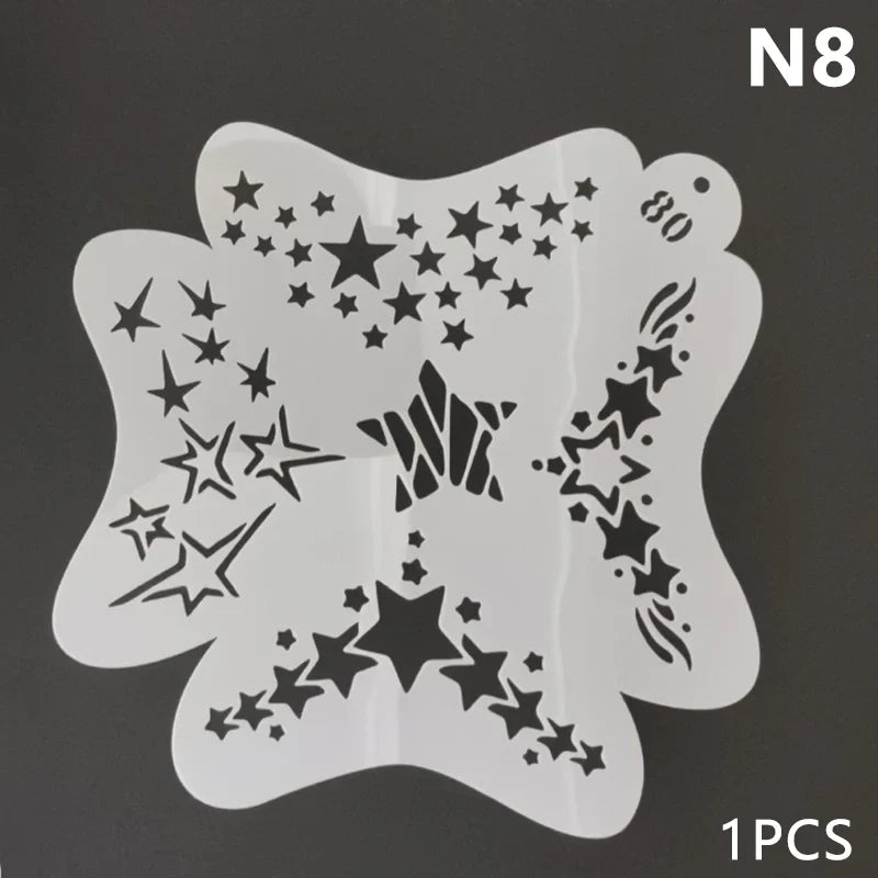Reusable Blushimmer body painting stencils with face art stamps and temporary tattoo templates on plastic sheets.