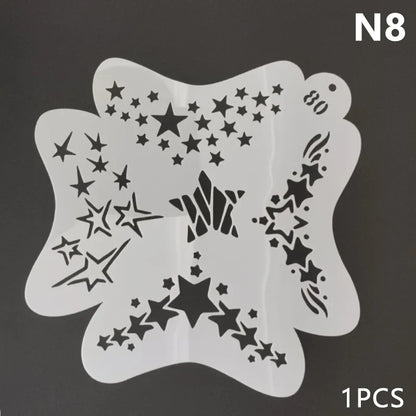 Reusable Blushimmer body painting stencils with face art stamps and temporary tattoo templates on plastic sheets.