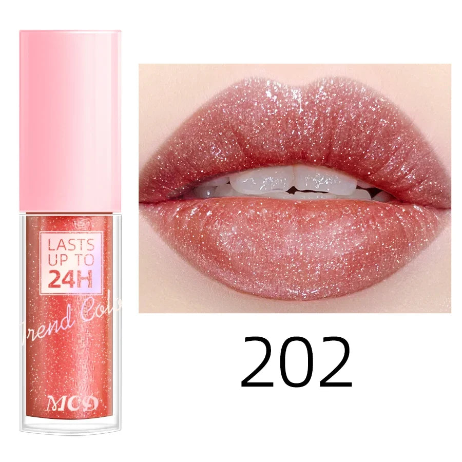 Blushimmer 18-color glitter lip gloss with long-lasting, waterproof liquid lipstick and moisturizing lip balm for shiny, colorful lips.