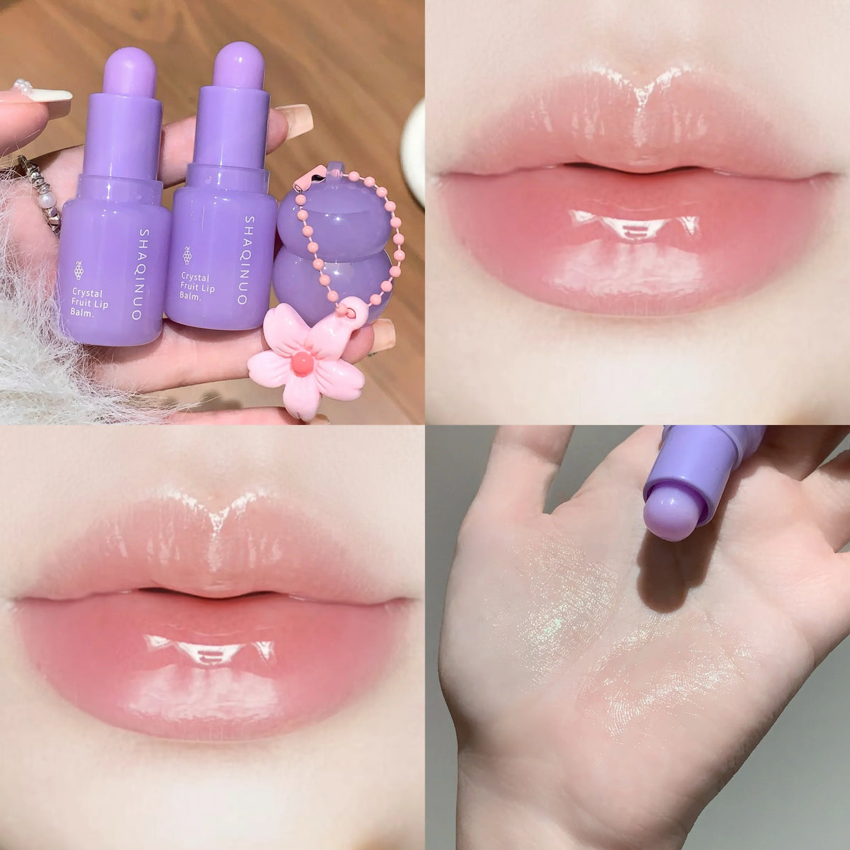 Blushimmer hydrating fruit lip balm pendant with tinted moisturizing lip care, refreshing fruit flavor, and winter protection.