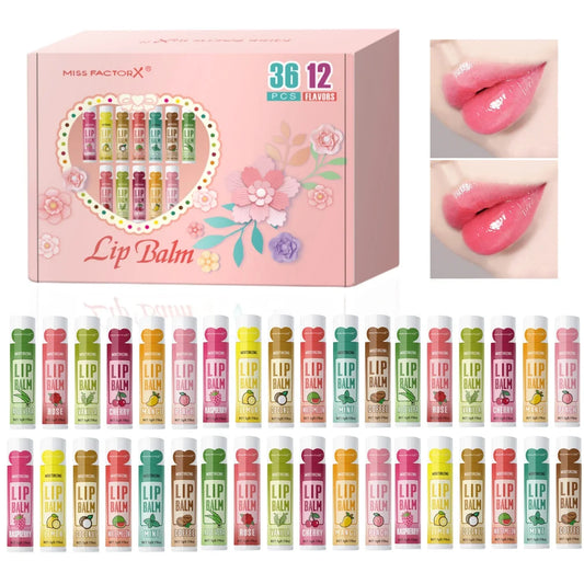 Set of 36 Blushimmer moisturizing lip balms in 5g tubes, featuring deep hydration and brightening effects for soft lips.