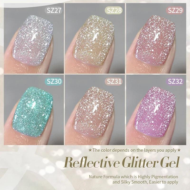 Silver glitter gel nail polish by Blushimmer with reflective, sparkling shine, perfect for UV nail art and gel manicures.