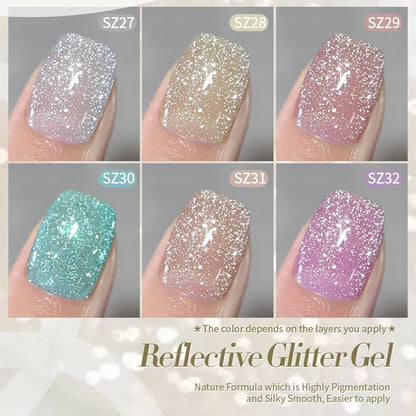 Silver glitter gel nail polish by Blushimmer with reflective, sparkling shine, perfect for UV nail art and gel manicures.