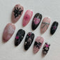 Wine red almond press-on nails by Blushimmer featuring cartoon rabbit, bowknot, plaid, pearl accents, French style for girls.