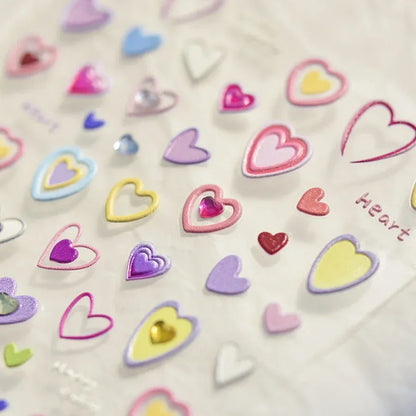 Colorful Cat's Eye 5D gradient European love heart gem nail art stickers with crystal and geometric designs for manicure decoration.
