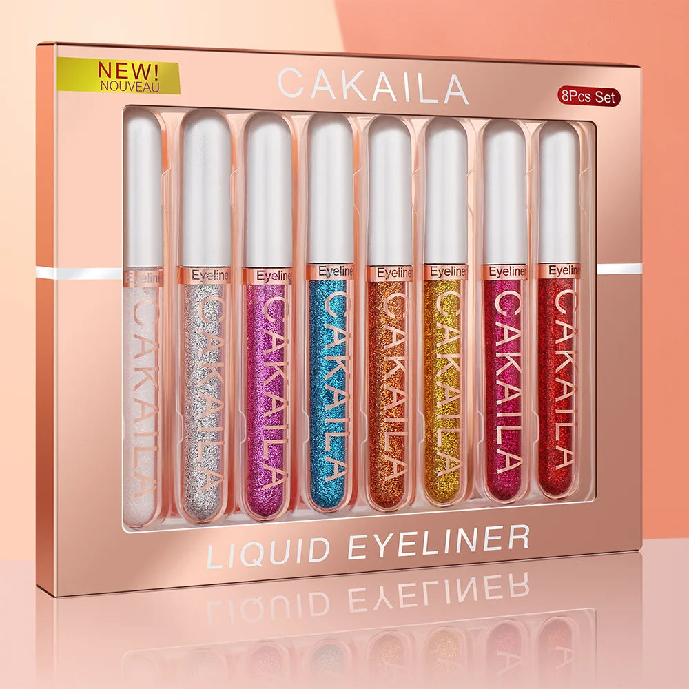 Set of 8 waterproof glitter and matte eyeliner pens by Blushimmer, featuring long-lasting colored eye makeup pencils.