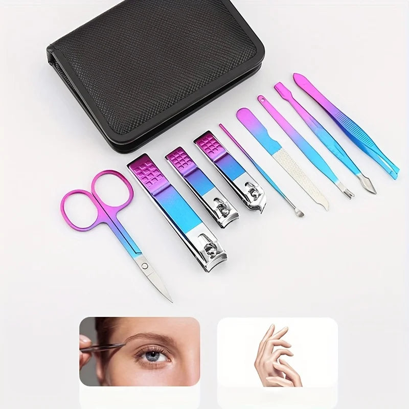 Blushimmer stainless steel manicure and pedicure kit with 9-18 tools in a travel case, including nail clippers and scissors.