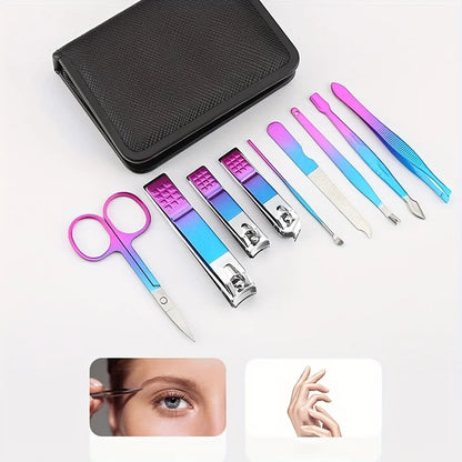 Blushimmer stainless steel manicure and pedicure kit with 9-18 tools in a travel case, including nail clippers and scissors.