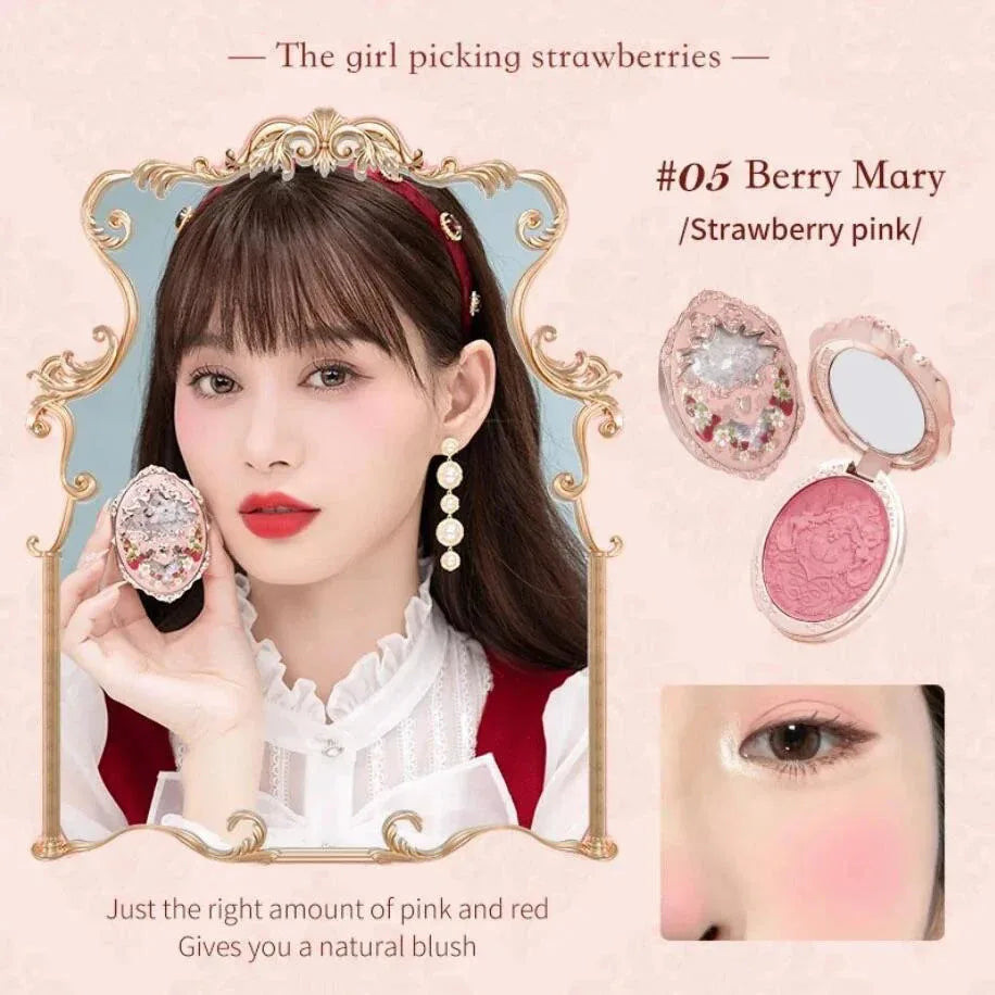 Blushimmer Flower Knows Strawberry Rococo embossed blush palette with pink and berry tones, professional 5g blusher powder for makeup.