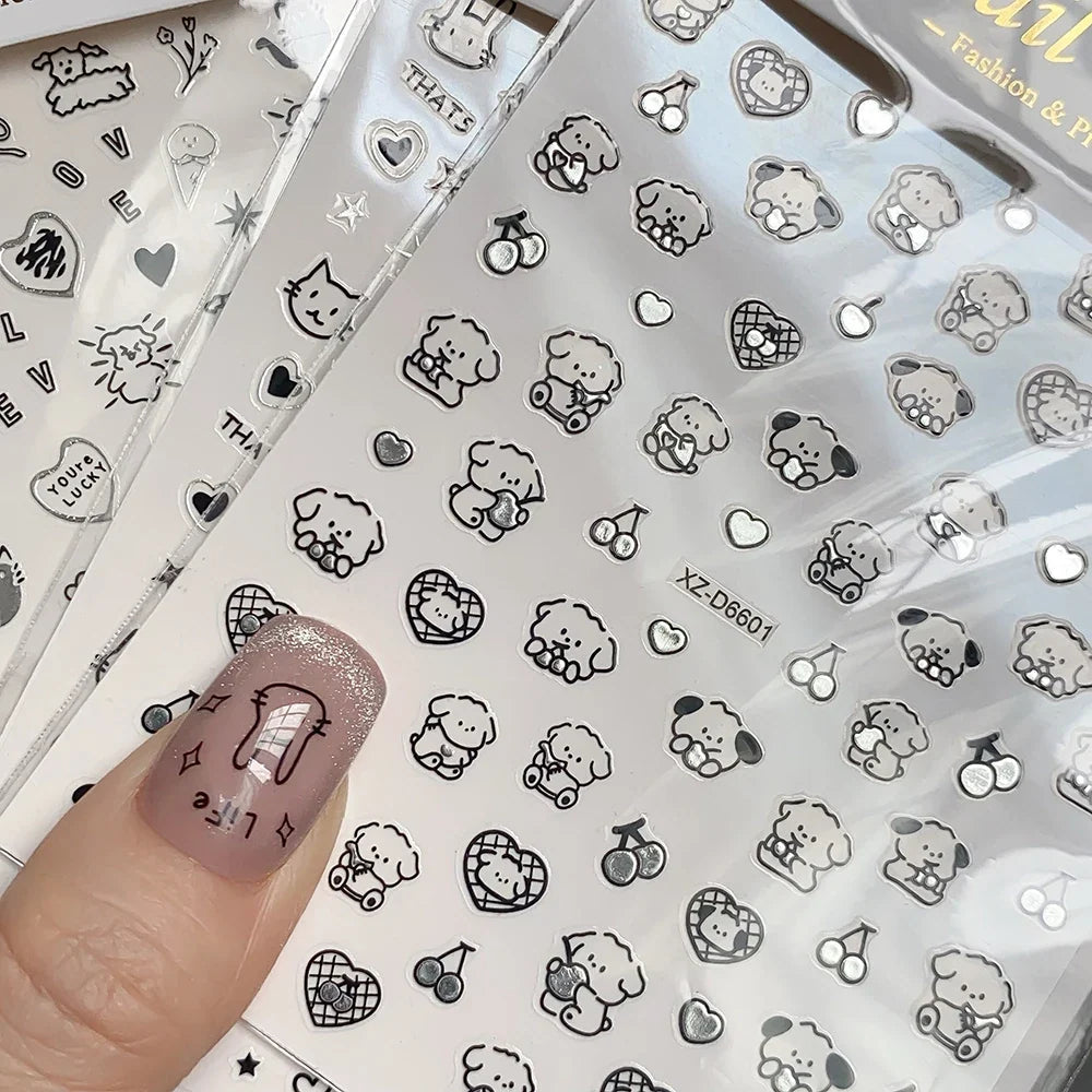 12pcs set of Blushimmer cartoon dog and cat nail art stickers, black graffiti-themed 3D nail decals on 8x10cm self-adhesive sheets