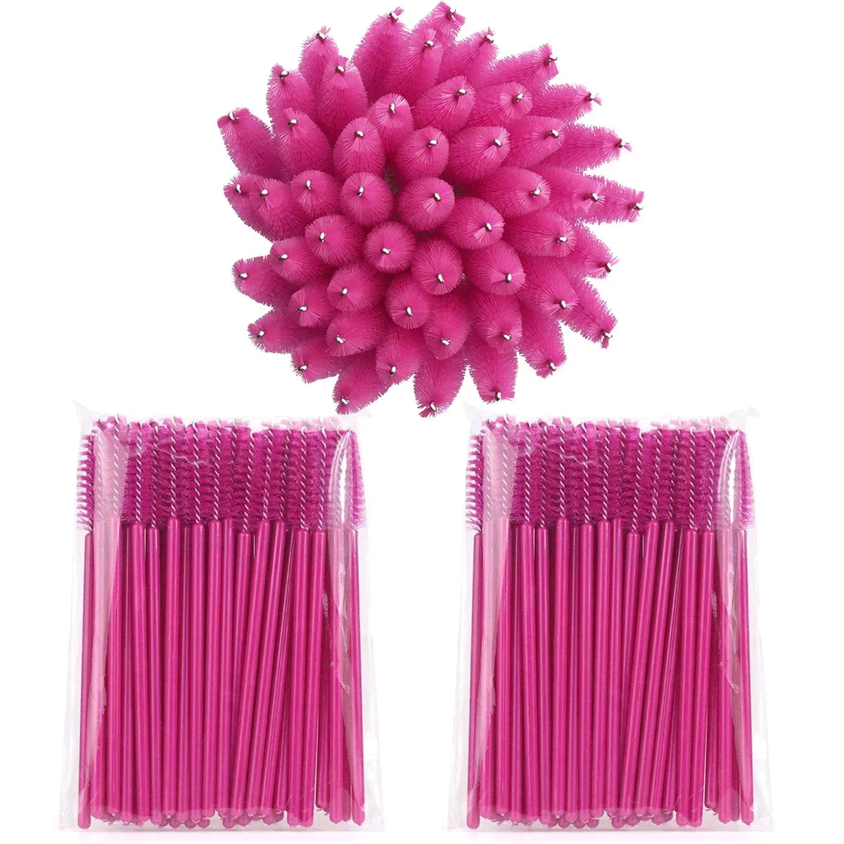 Set of 100 disposable eyelash extension brushes and spoolies by Blushimmer, micro mascara wands and eyelash combs.