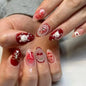 Blushimmer 24-piece wine red almond press-on nails with cartoon rabbit, bowknot, plaid, pearl accents, French style for girls.