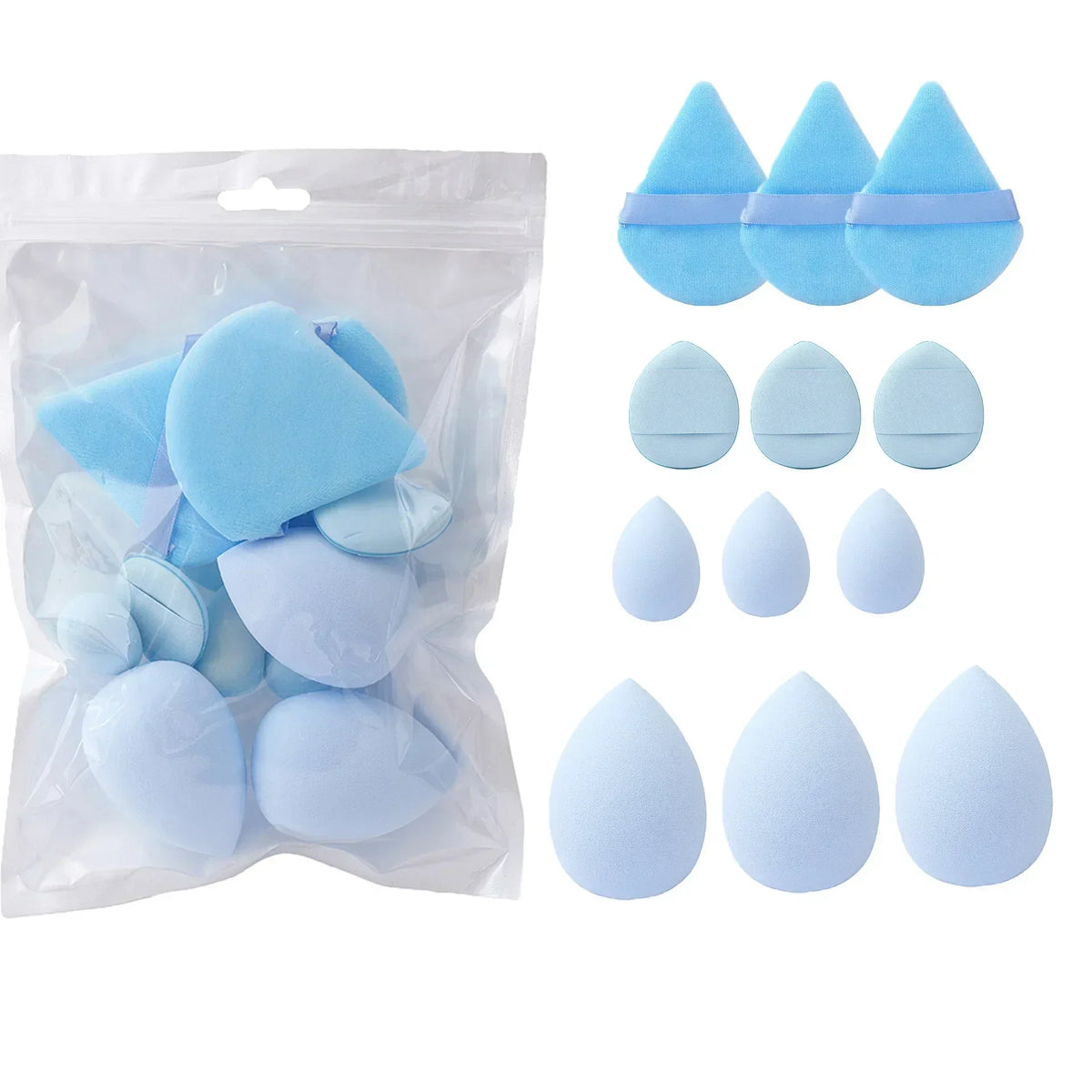 Blushimmer 12-piece all-purpose makeup sponge set with powder puffs, mini air cushion puffs, beauty eggs, and mini beauty sponges.