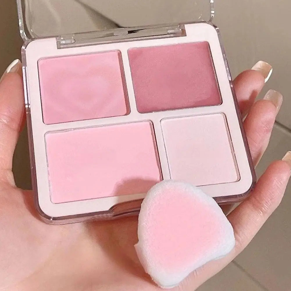Blushimmer 4-color blush, highlighter, and contour palette with matte, brightening shades, smooth texture, Korean makeup.