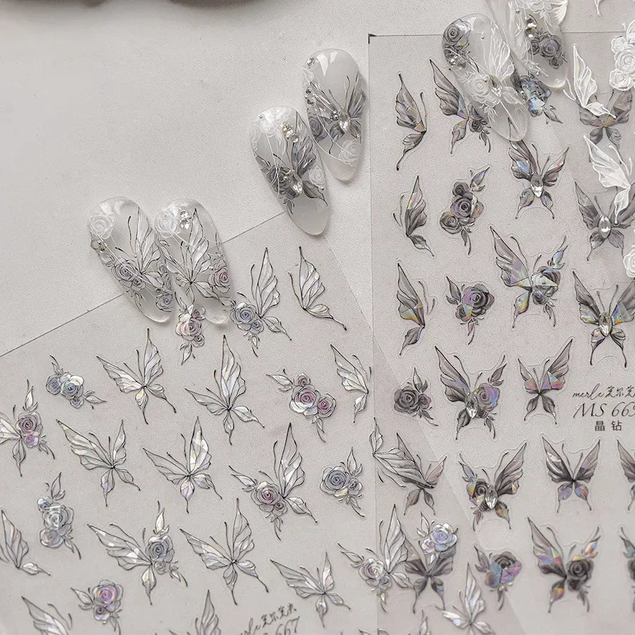 Blushimmer Jelly Butterfly 5D nail art sticker with rhinestones and shiny insect design for DIY manicure decoration.